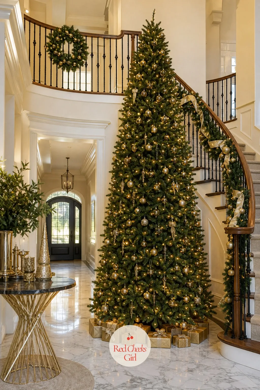 National Tree Company 9ft Pre-Lit Dunhill Fir Artificial Christmas Tree — A two story foyer makes a normal tree look lost, swallowed by the stairwell around it