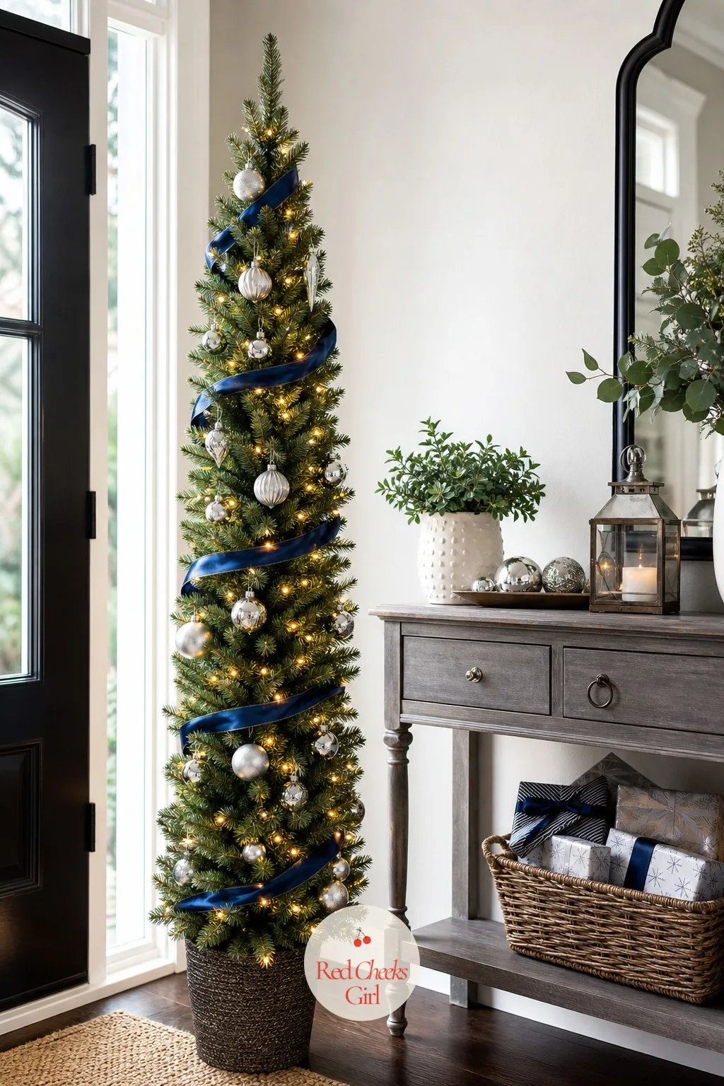 Puleo International 4.5ft Pre-Lit Fraser Fir Pencil Christmas Tree — An entryway console table does not have floor space to spare, which is exactly the gap
