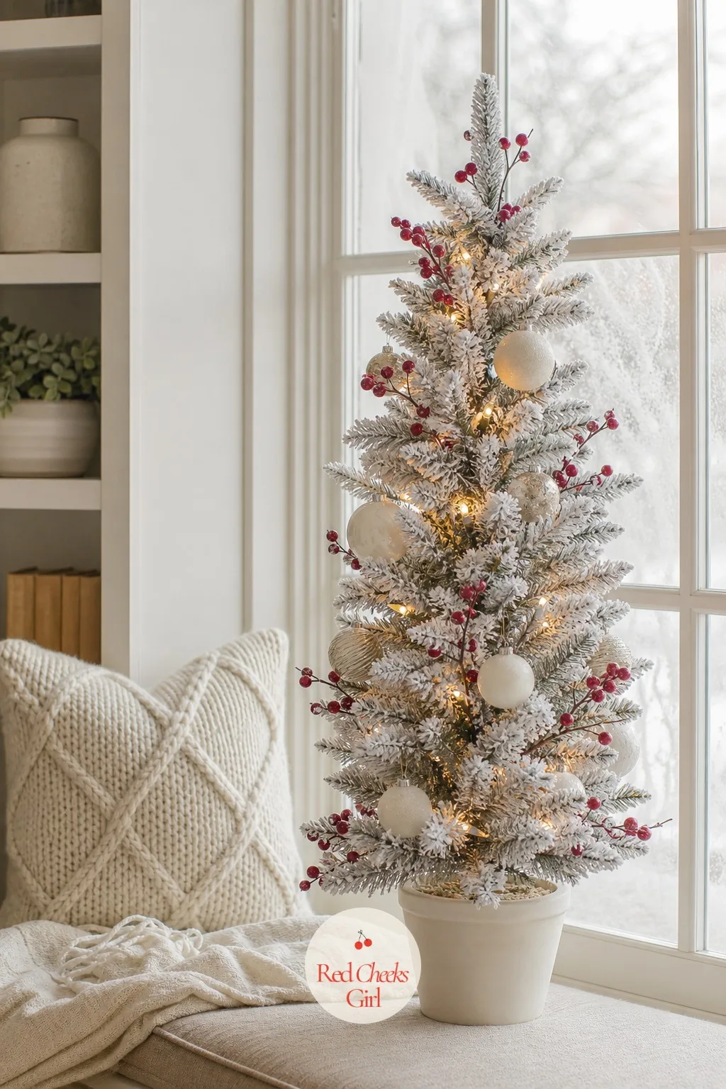 Puleo International 4.5ft Pre-Lit Potted Flocked Arctic Fir Christmas Tree — A window seat gets cold light all winter, which makes a snowy looking tree feel