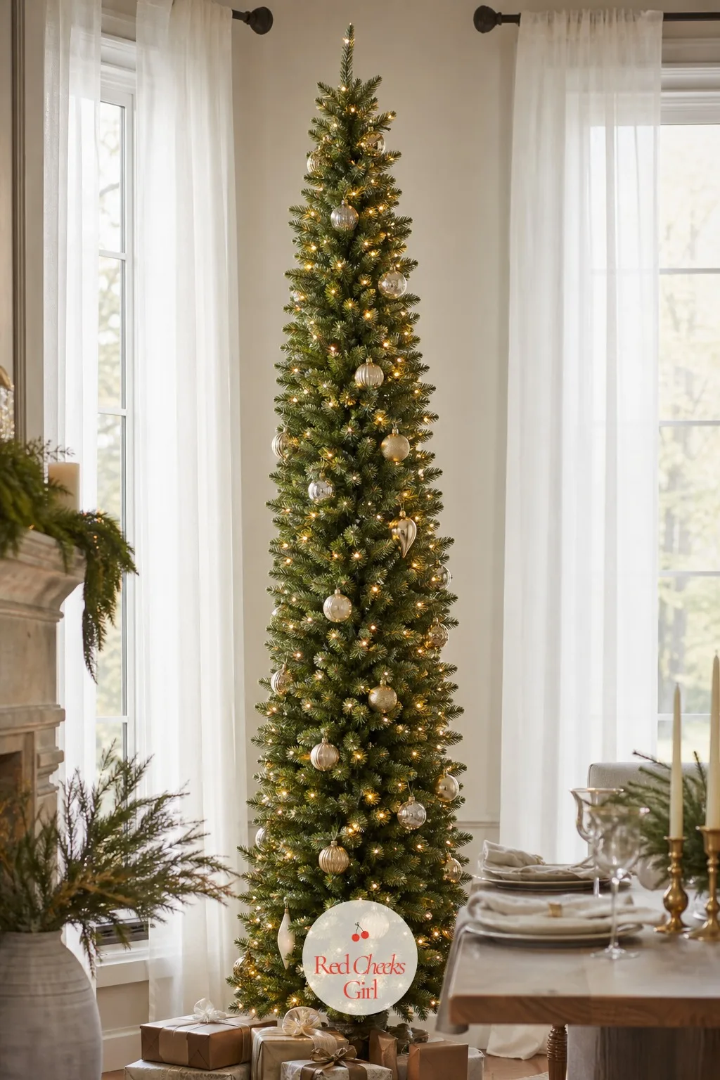 Puleo International 7.5ft Pre-Lit Fraser Fir Pencil Christmas Tree — The gap between two dining room windows rarely gets decorated at all, mostly because