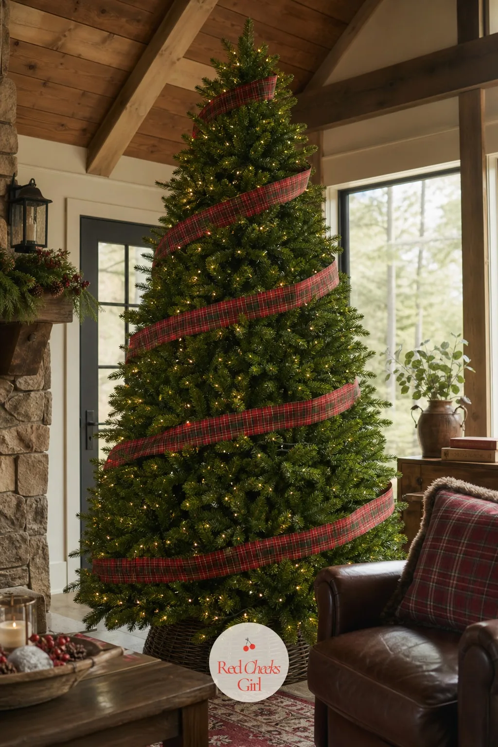 Puleo International 9ft Pre-Lit Fraser Fir Artificial Christmas Tree — A great room with a vaulted ceiling can make even a seven footer look like an