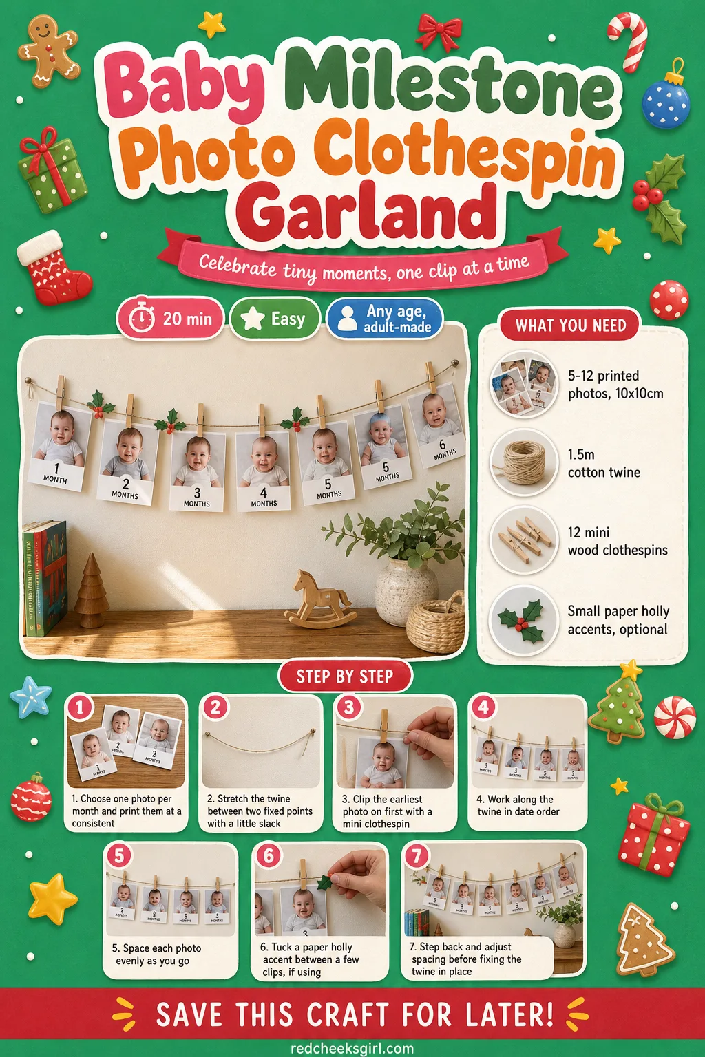 Baby Milestone Photo Clothespin Garland Craft Card printable sheet — A printable card showing the finished monthly photo garland clipped along twine with full