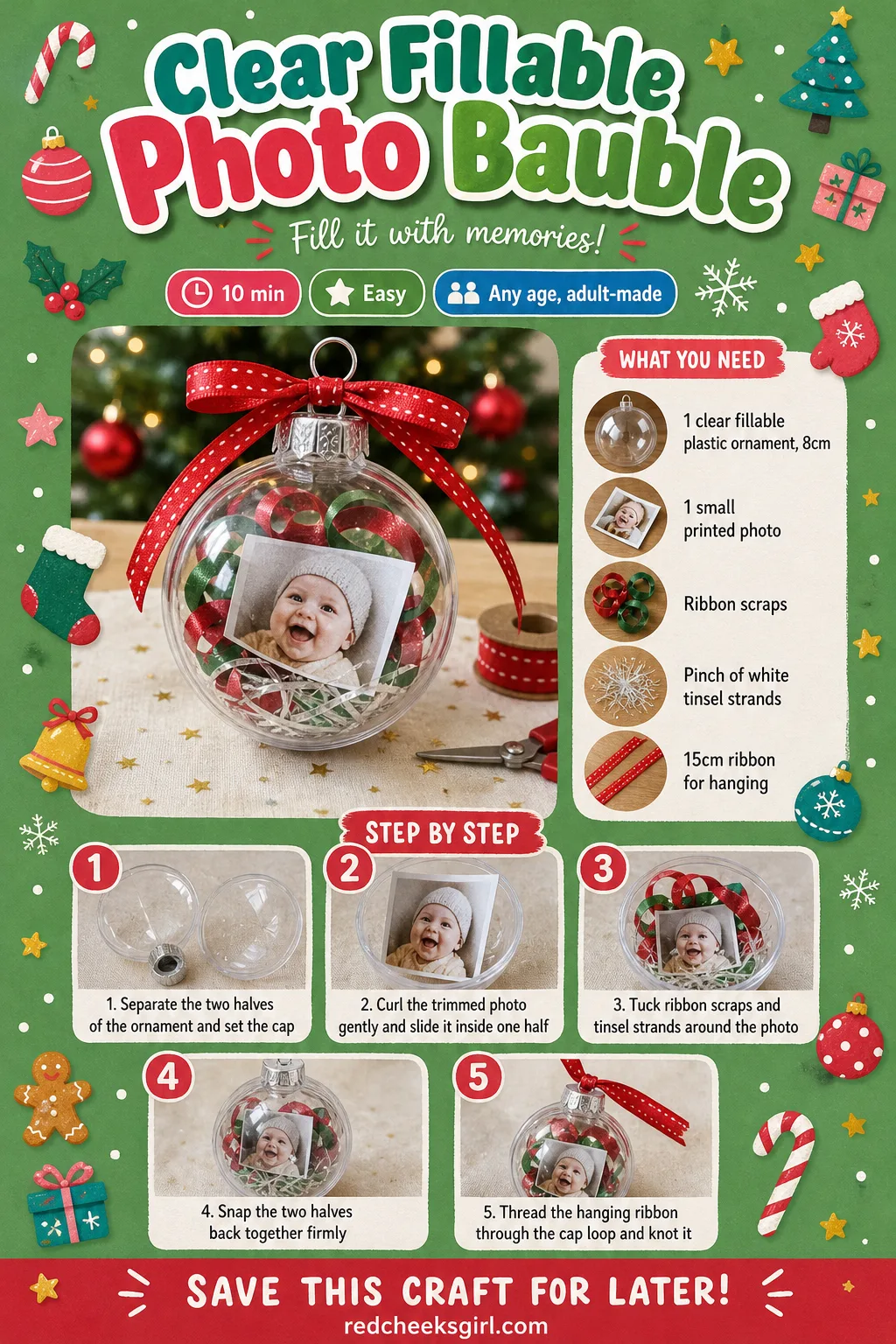 Clear Fillable Photo Bauble Craft Card printable sheet — A printable card showing the finished clear bauble with a rolled baby photo inside and full steps.