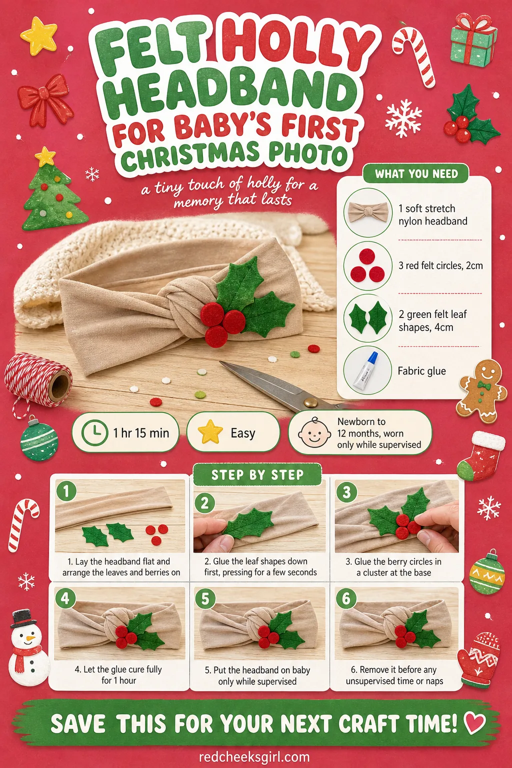 Felt Holly Headband for Baby's First Christmas Photo Craft Card printable sheet — A printable card showing the finished felt holly headband with full materials