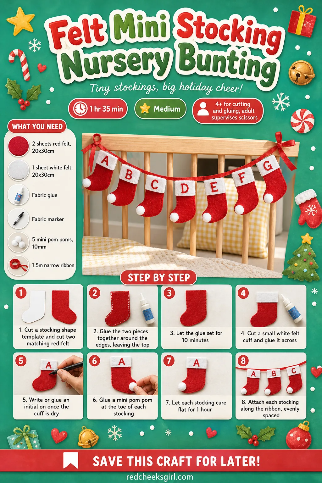 Felt Mini Stocking Nursery Bunting Craft Card printable sheet — A printable card showing the finished felt stocking bunting with full materials and steps. Baby