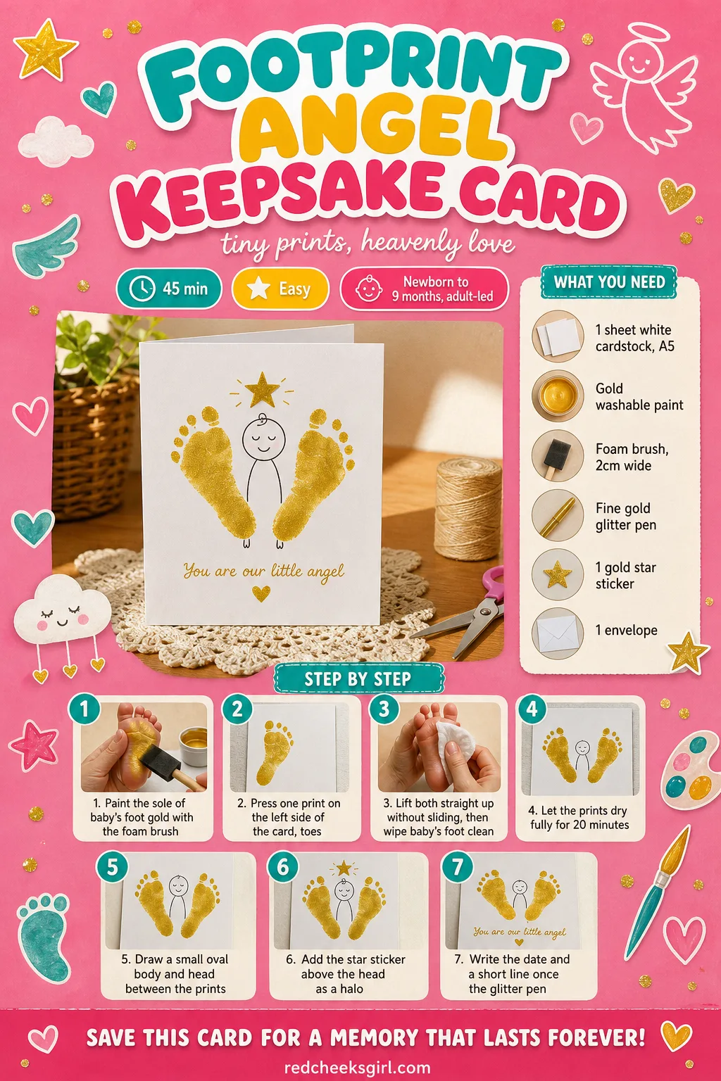 Footprint Angel Keepsake Card Craft Card printable sheet — A printable card showing the finished gold footprint angel card with full materials and steps. Baby