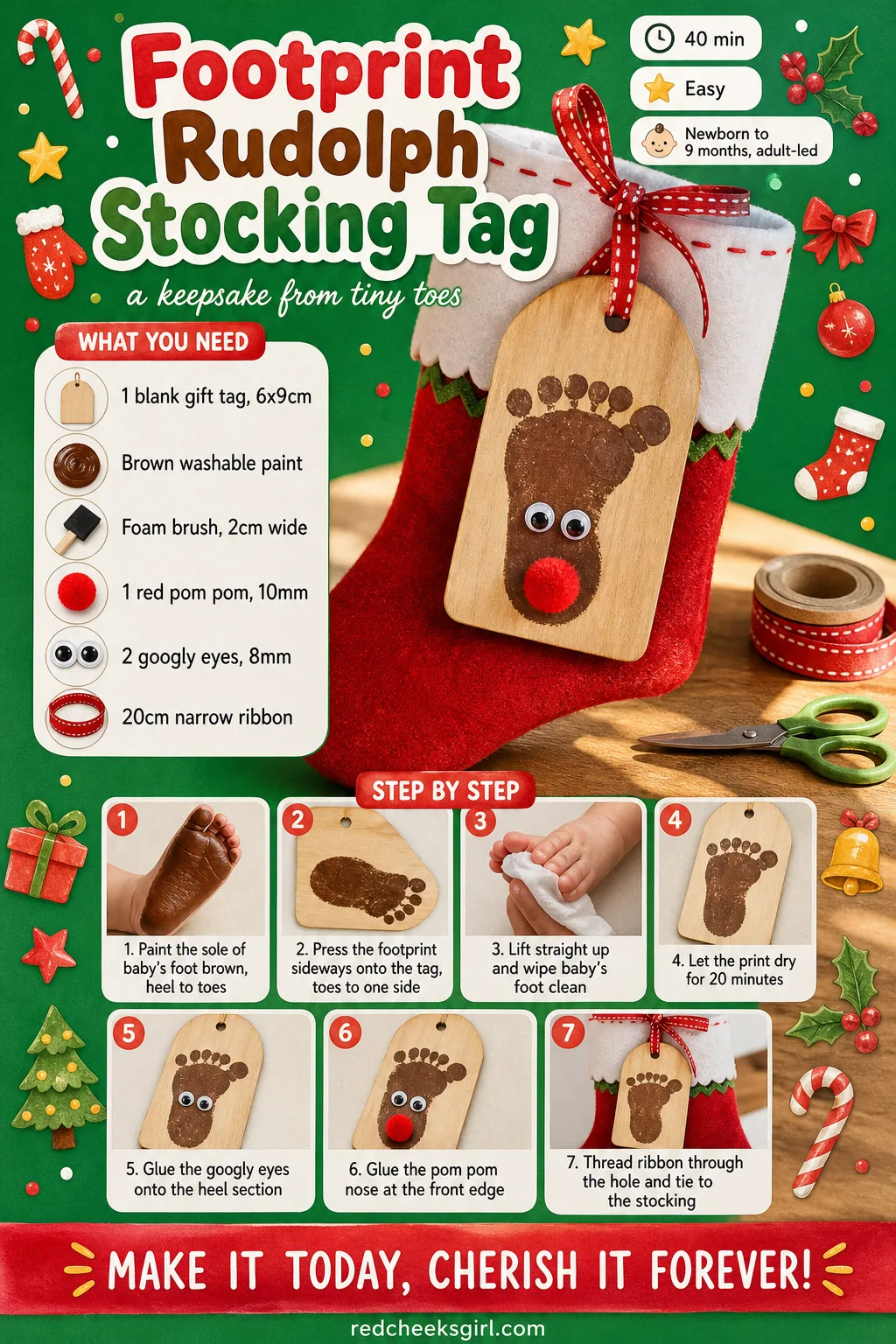 Footprint Rudolph Stocking Tag Craft Card printable sheet — A printable card showing the finished Rudolph footprint stocking tag with full steps. Baby