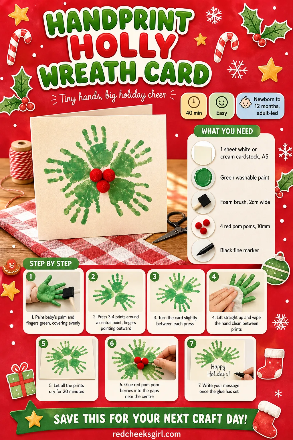 Handprint Holly Wreath Card Craft Card printable sheet — A printable card showing the finished green handprint holly card with red pom pom berries. Baby