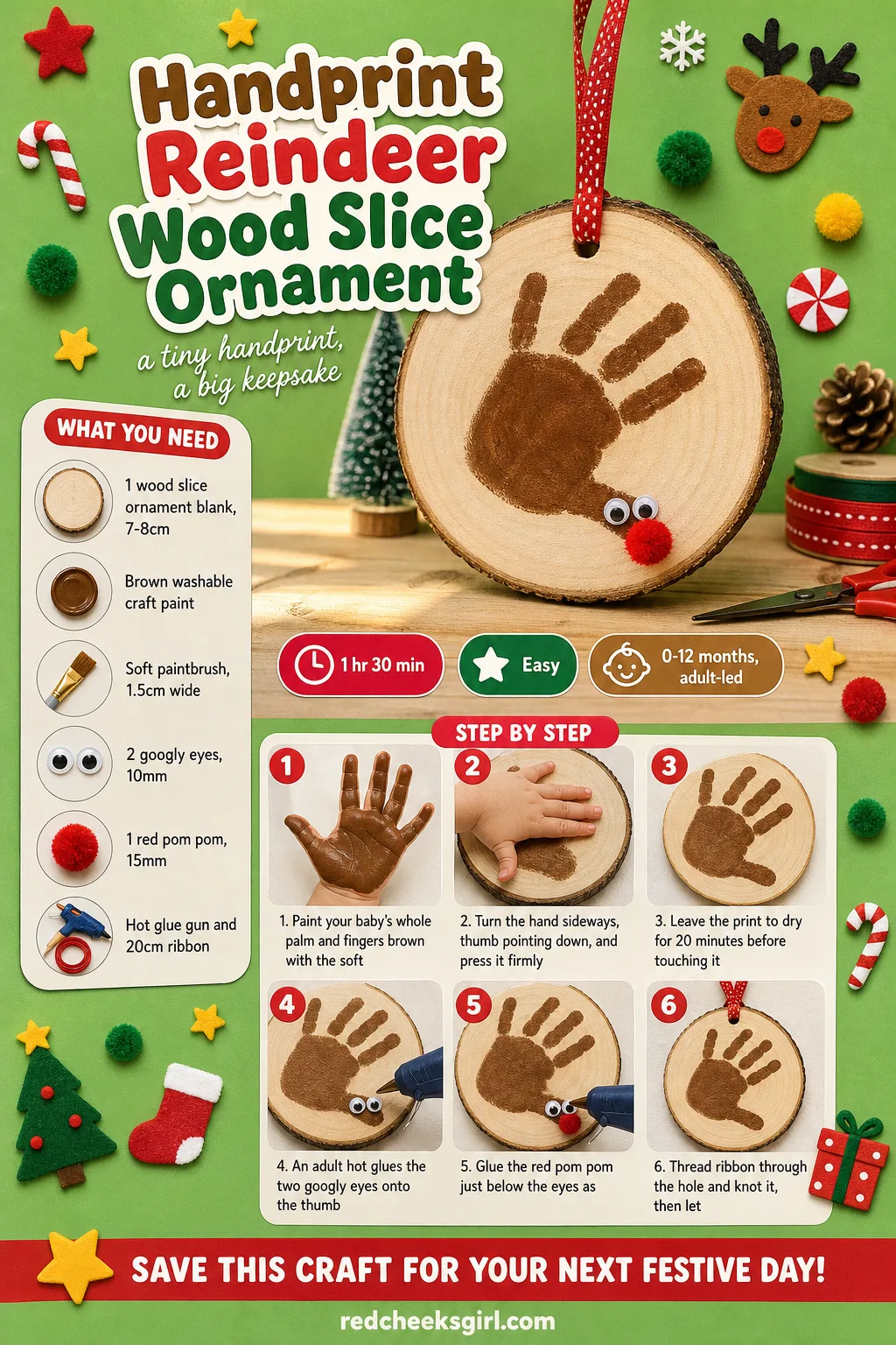 Handprint Reindeer Wood Slice Ornament Craft Card printable sheet — A printable card showing the finished brown handprint reindeer ornament with its full