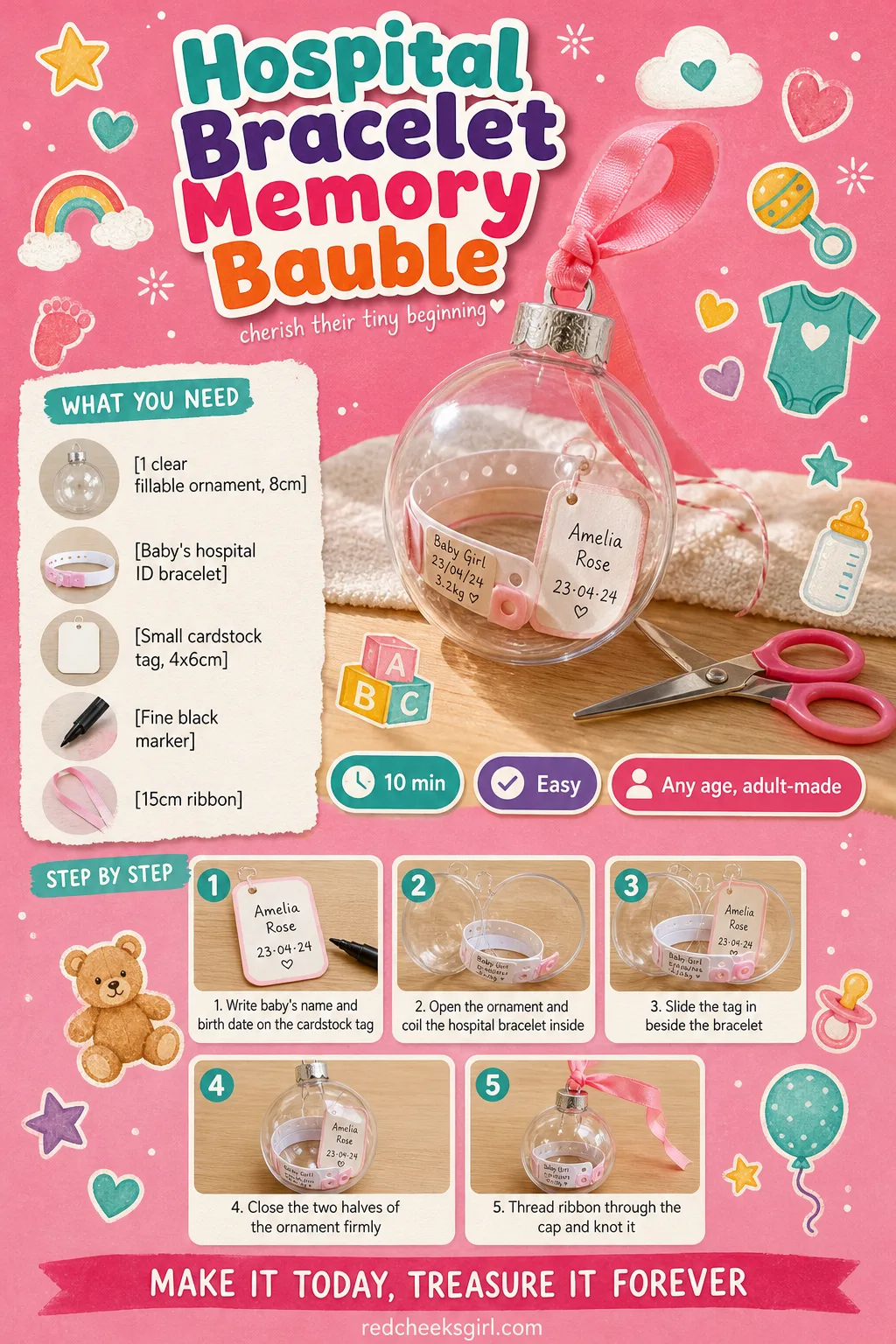 Hospital Bracelet Memory Bauble Craft Card printable sheet — A printable card showing the finished fillable ornament holding a hospital bracelet and tag. Baby