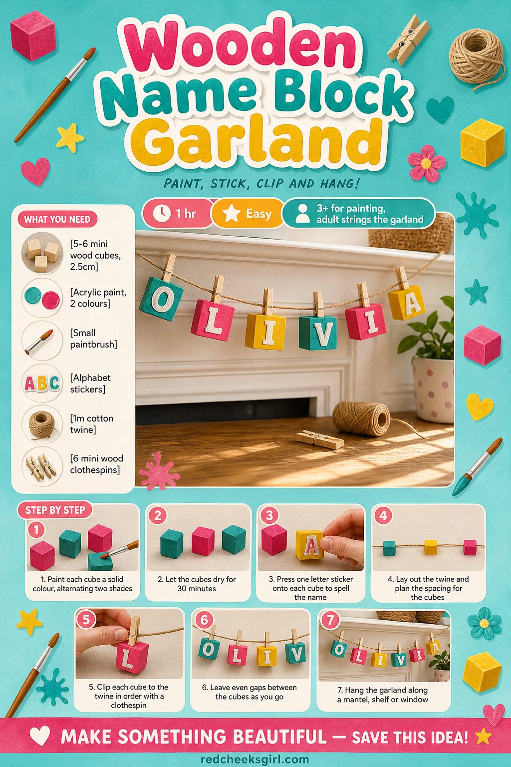 Wooden Name Block Garland Craft Card printable sheet — A printable card showing the finished painted wood cube garland spelling the baby's name. Baby christmas