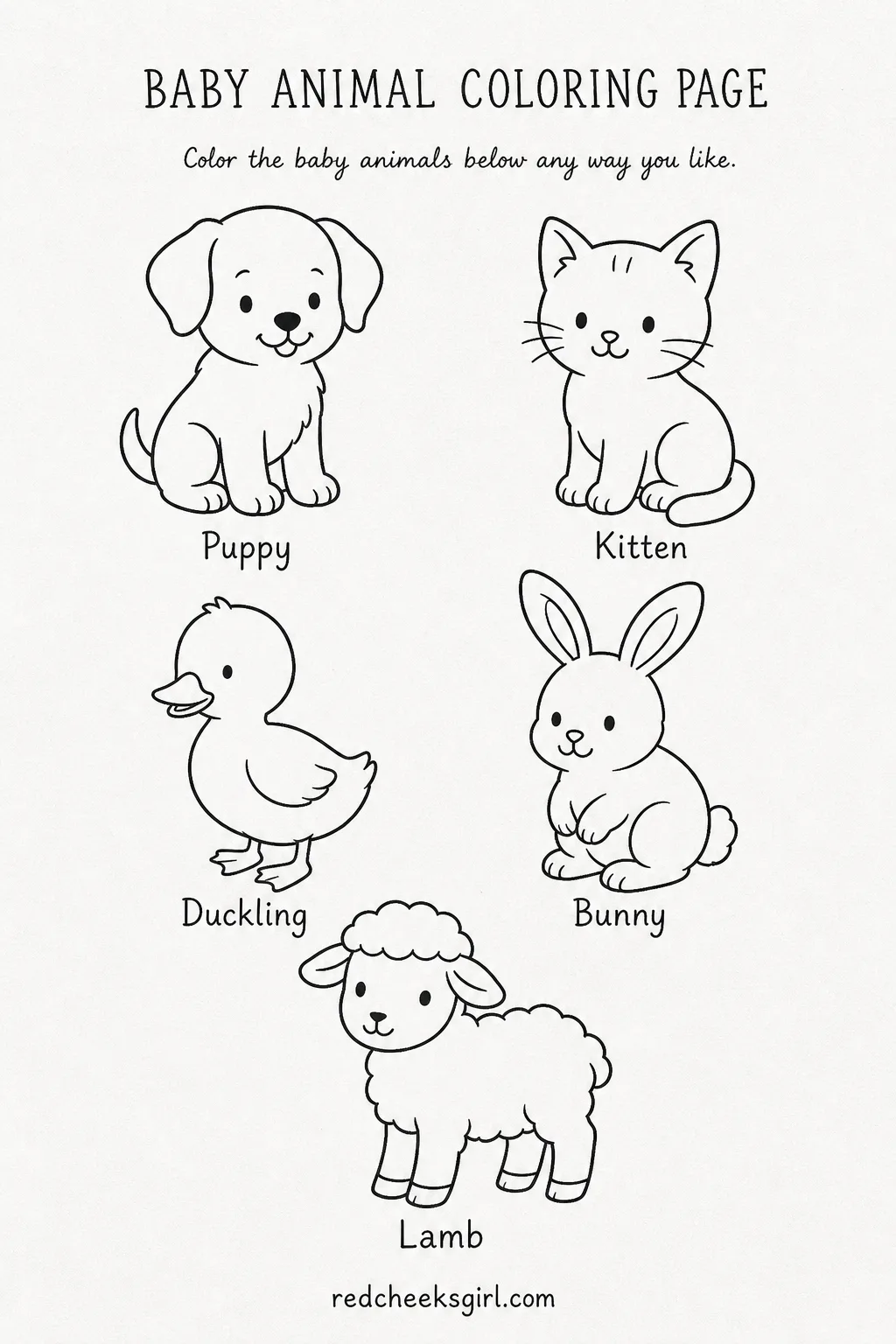 Baby Animal Coloring Pages printable sheet — A sheet of five line-art baby animals, a puppy, a kitten, a duckling, a bunny, a lamb, gives each child something