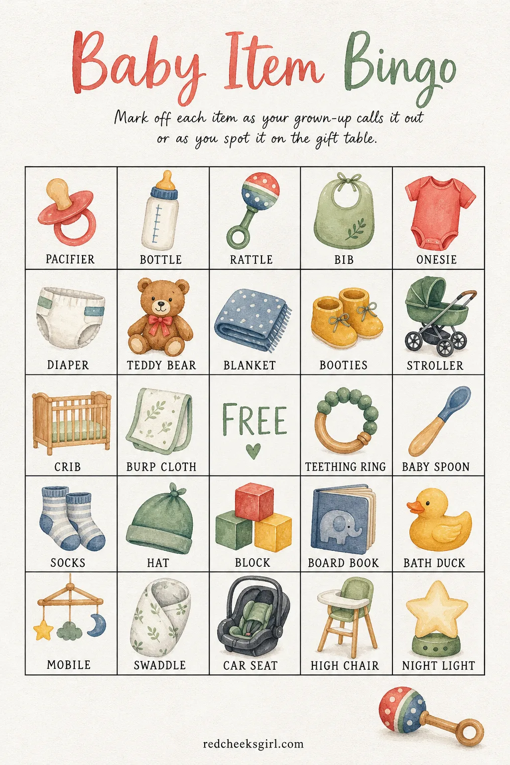 Baby Item Bingo printable sheet — Give each child a five-by-five bingo card filled with baby shower items, pacifier, rattle, bib, stroller and more, and call