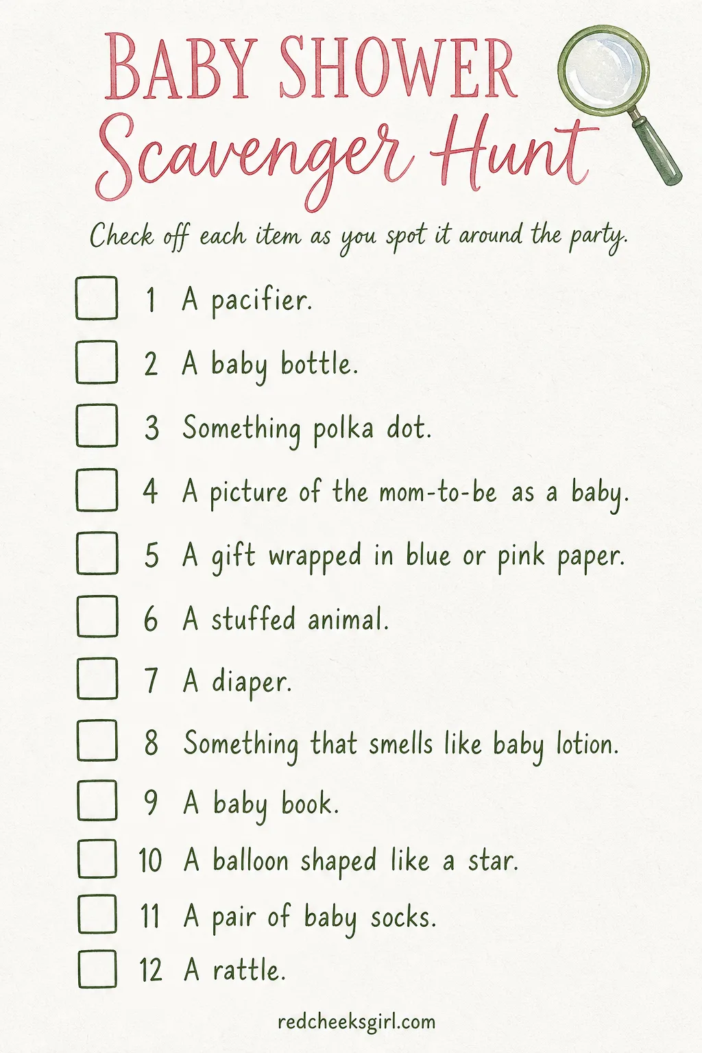 Baby Item Scavenger Hunt Checklist printable sheet — A list of twelve things to spot around the party, a pacifier, something polka dot, a gift wrapped in blue
