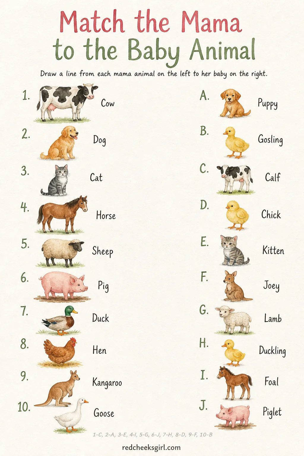 Baby Items Matching Memory Game printable sheet — Ten mama animals sit in a numbered column on the left, ten baby animal names sit scrambled in a lettered