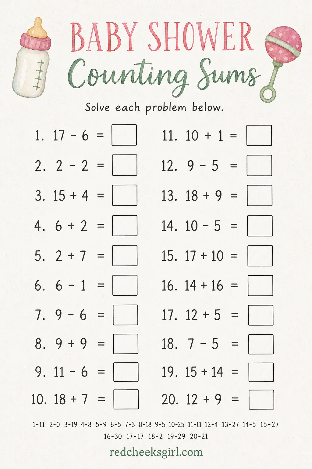 Counting Baby Things Math Sheet printable sheet — Twenty simple addition and subtraction problems, all themed around baby shower counting, bottles plus bibs