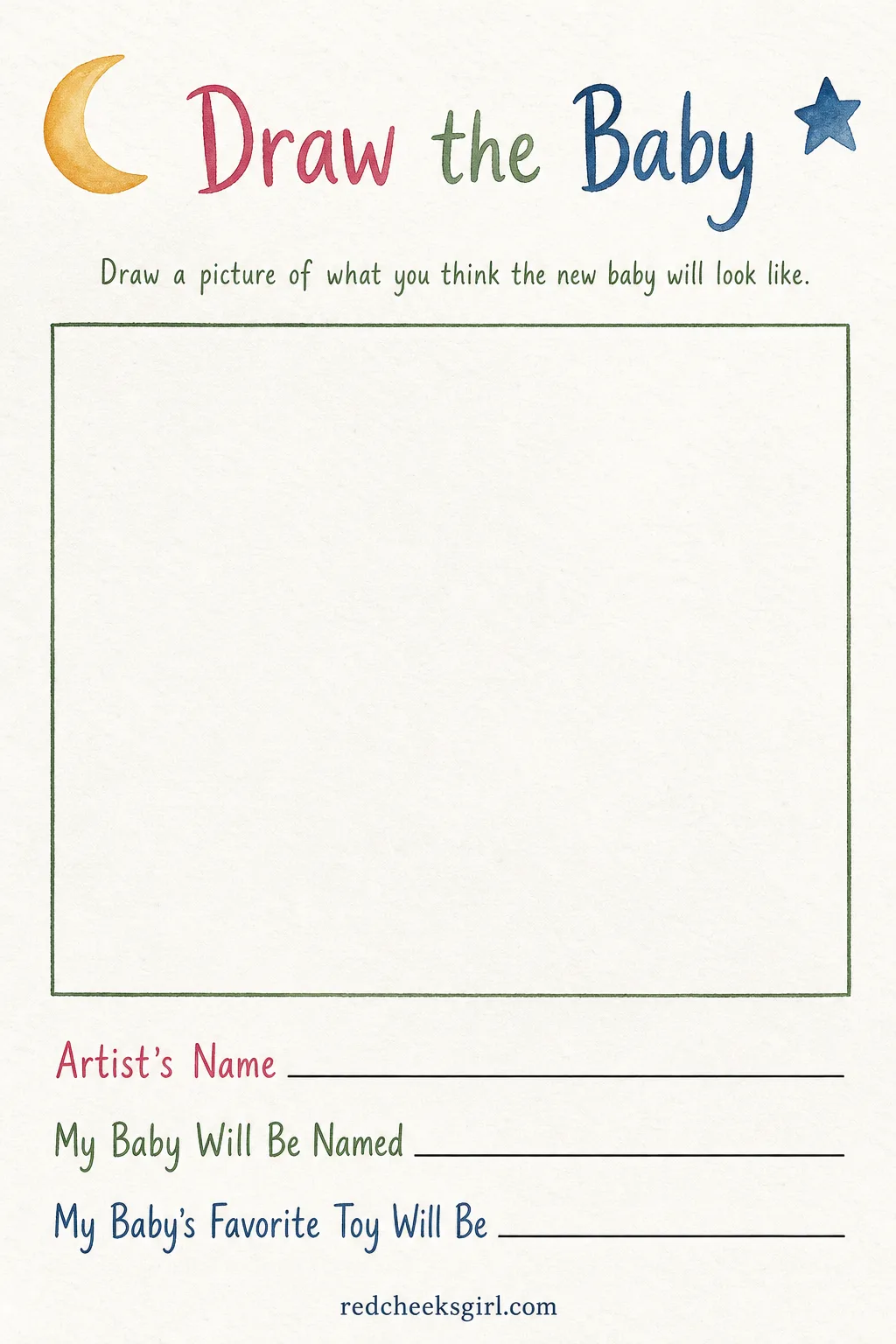 Draw the Baby Sheet printable sheet — Hand each child a sheet and something to color with, and point to the big empty frame at the center. Baby shower