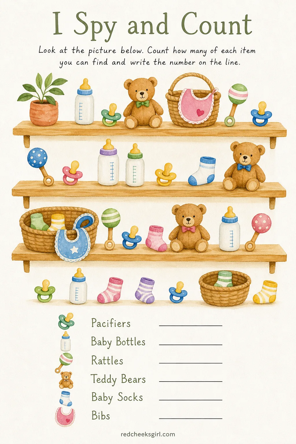 I Spy and Count Baby Items printable sheet — Each sheet shows a busy illustrated shelf scene stuffed with pacifiers, bottles, rattles, teddy bears, socks and
