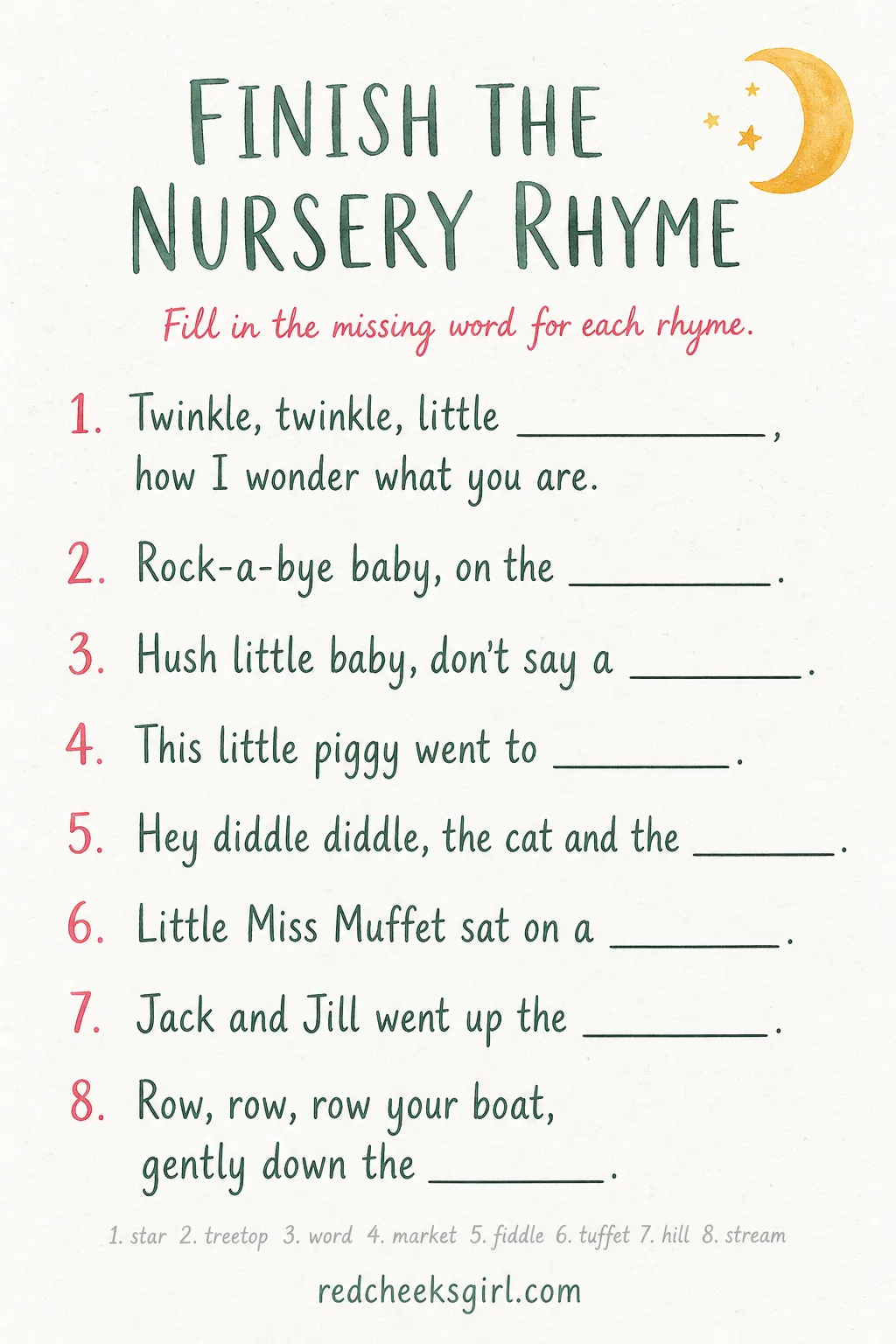 Nursery Rhyme Fill-in-the-Blank Sheet printable sheet — Eight classic nursery rhyme lines are printed with one key word missing from each, and the child fills