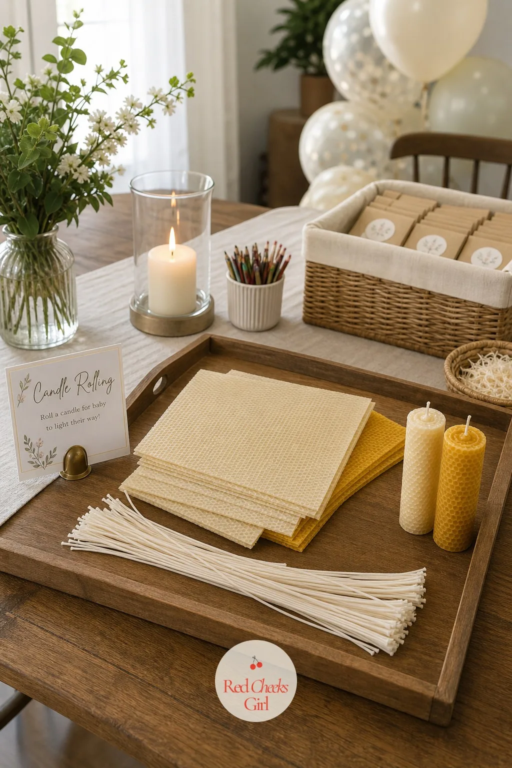 Beeswax Candle Rolling Table — A craft that needs no glue gun and no open flame, just warm wax sheets and patient hands. Baby shower activities not games