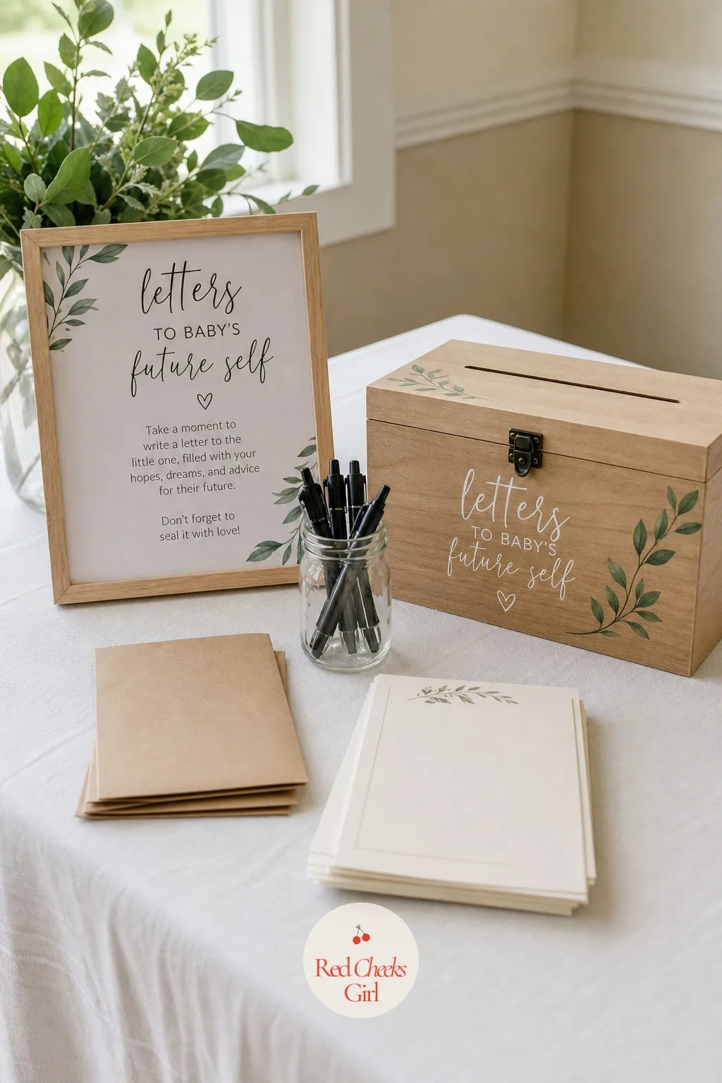 Letters to Baby's Future Self Table — This is the one that makes guests go quiet and actually think before they write. Baby shower activities not games