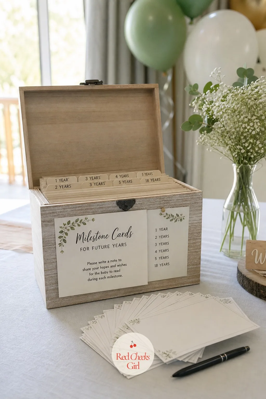 Milestone Card Box for Future Years — Not a duplicate of the time capsule, this one gets opened every year, not just once. Baby shower activities not games