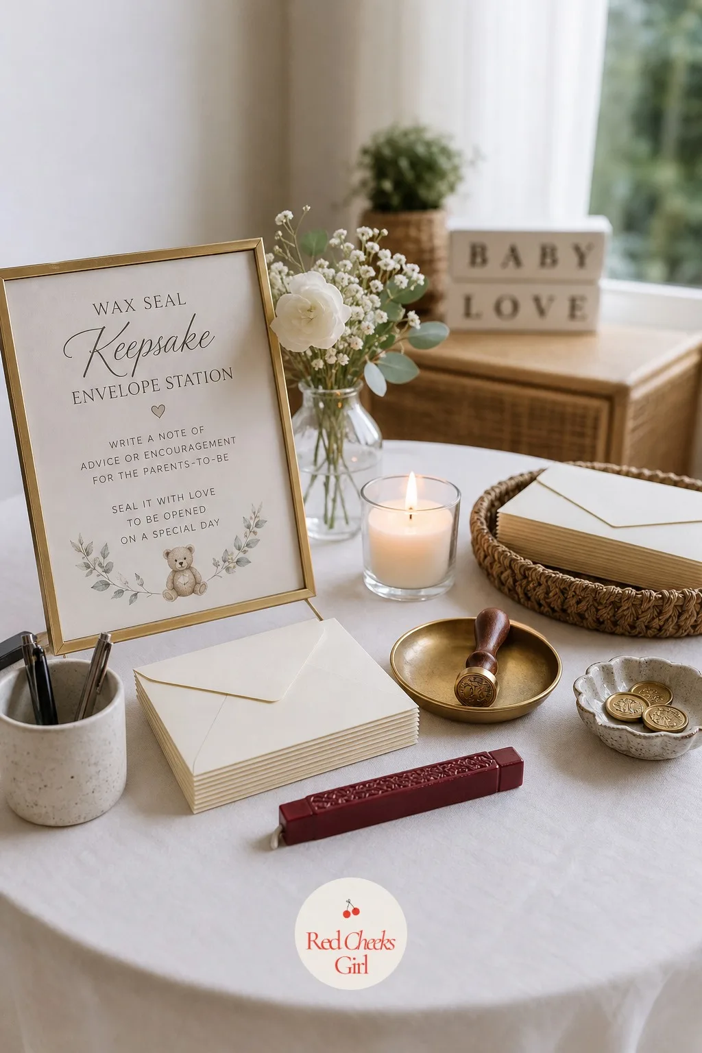 Wax Seal Keepsake Envelope Station — The finishing touch for the advice cards and wishes already filled in, a way to close them properly instead of leaving