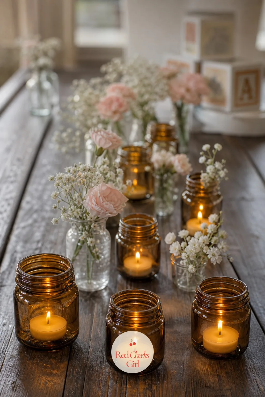 Baby Food Jar Votives — Empty baby food jars, labels soaked off, hold a tea light each and cast the same soft amber glow as any purchased votive. Baby shower