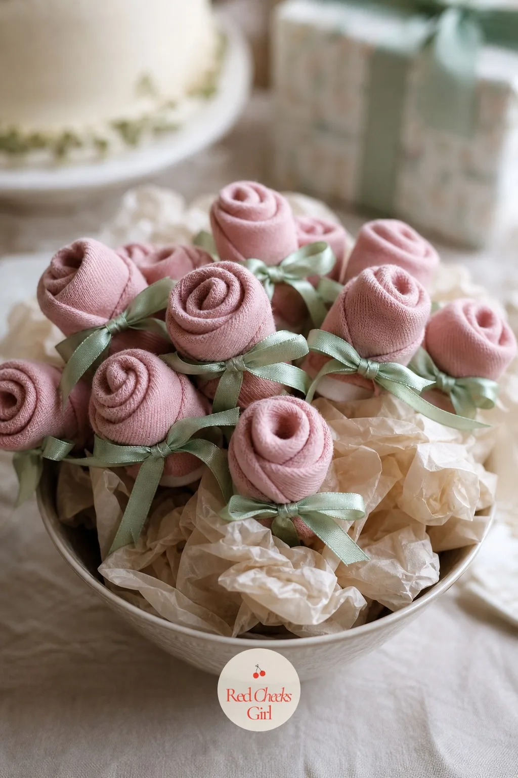 Baby Socks Rolled Into Roses — Rolled right, a pair of dusty rose socks looks exactly like a rosebud, toe tucked inward as the center and the cuff folded back