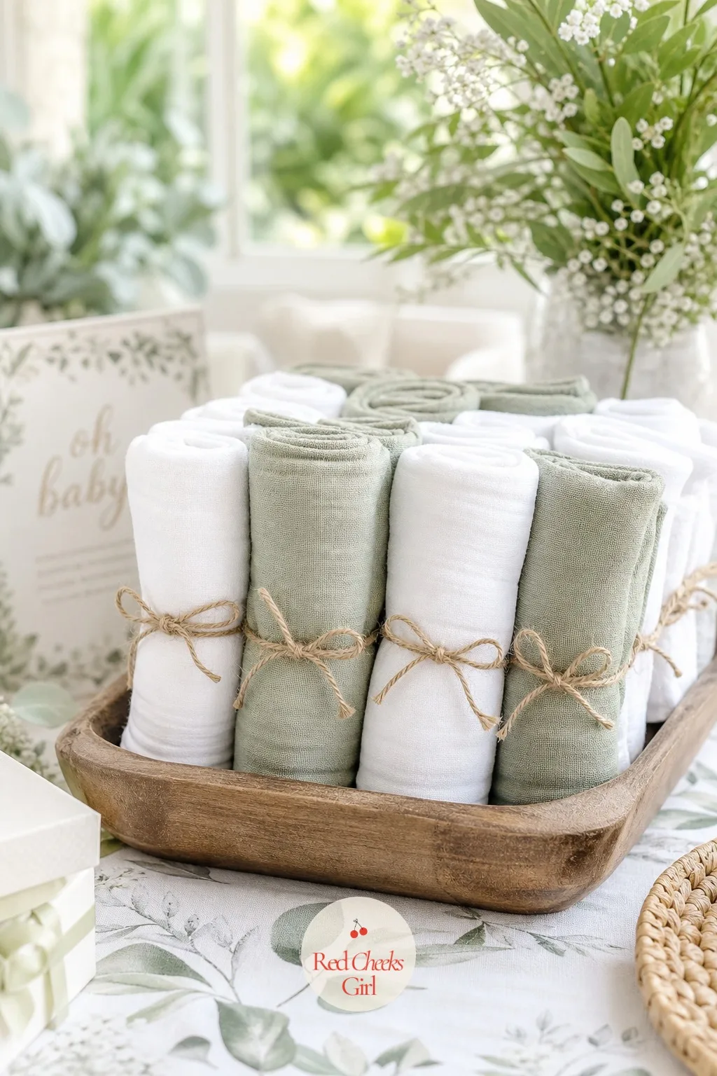 Burp Cloth Rolls — Sage green and white burp cloths roll into tight cylinders and stand on end in a cluster, tied at the middle with plain twine so they hold