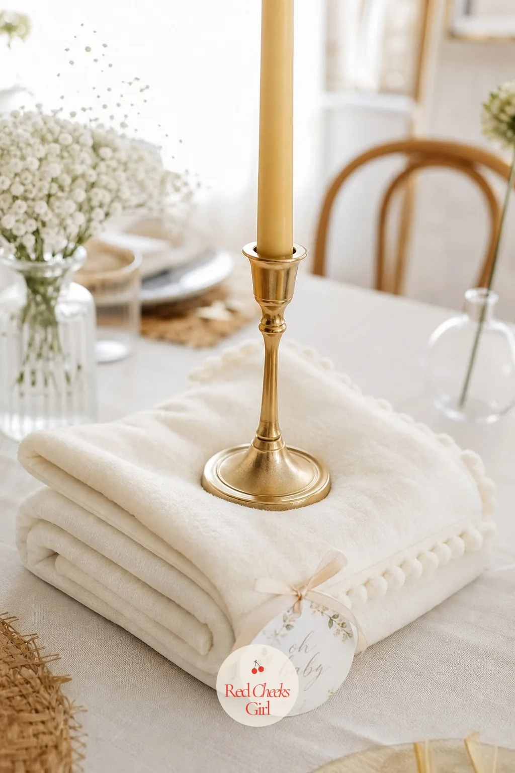Folded Lovey Under a Candle — An ivory lovey blanket, the soft kind with a stitched animal head at one corner, folds into a flat square and becomes the base a