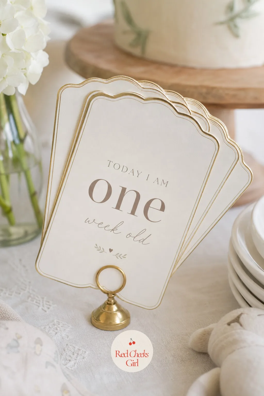 Milestone Cards in a Stand — A fan of milestone cards in a small brass stand reads less like decor and more like a promise of photographs to come. Baby shower