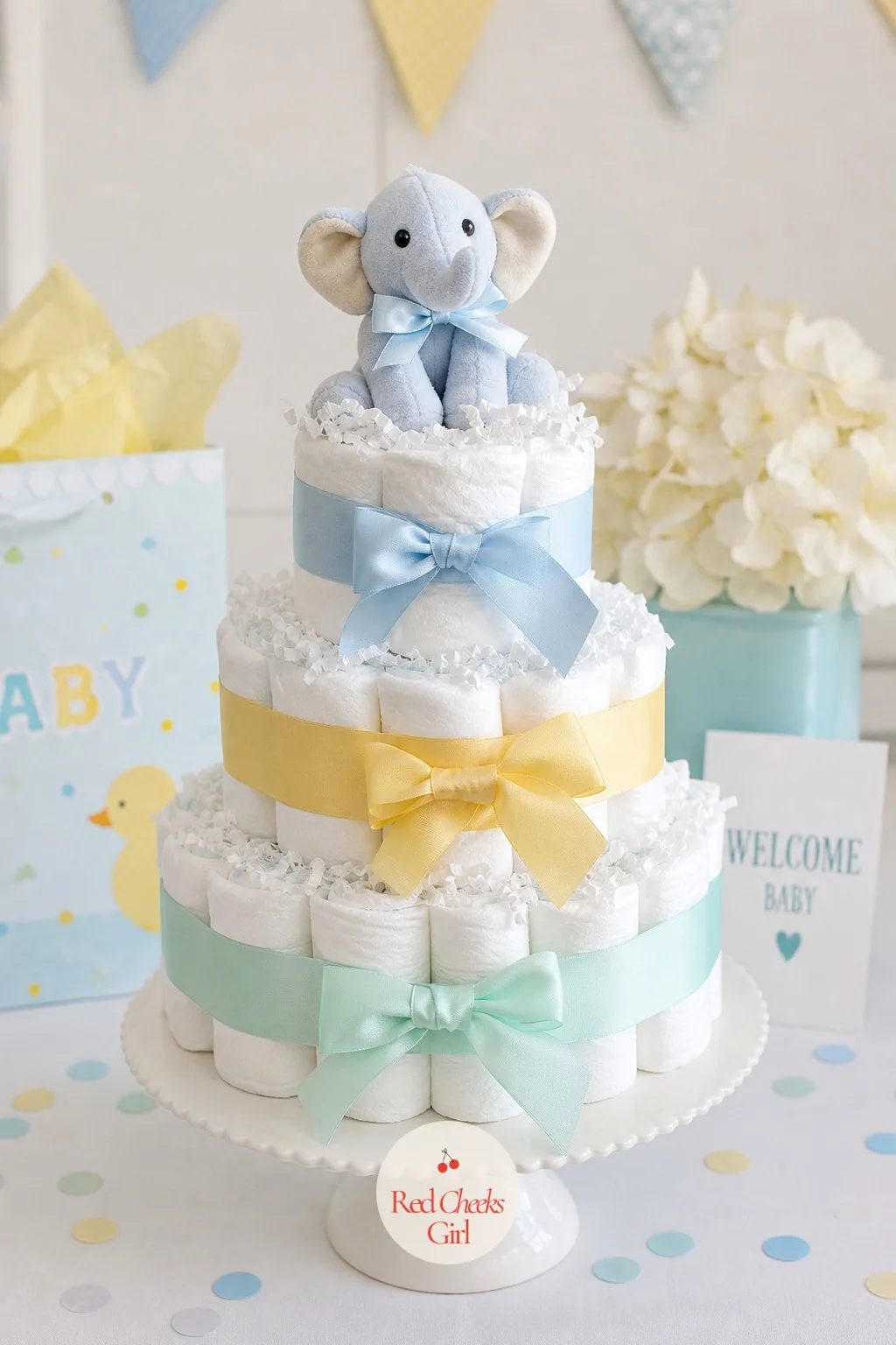 Mini Diaper Cake — Rolled white diapers stack into two or three tiers, each ring held with a rubber band hidden under a layer of pastel ribbon, with a small