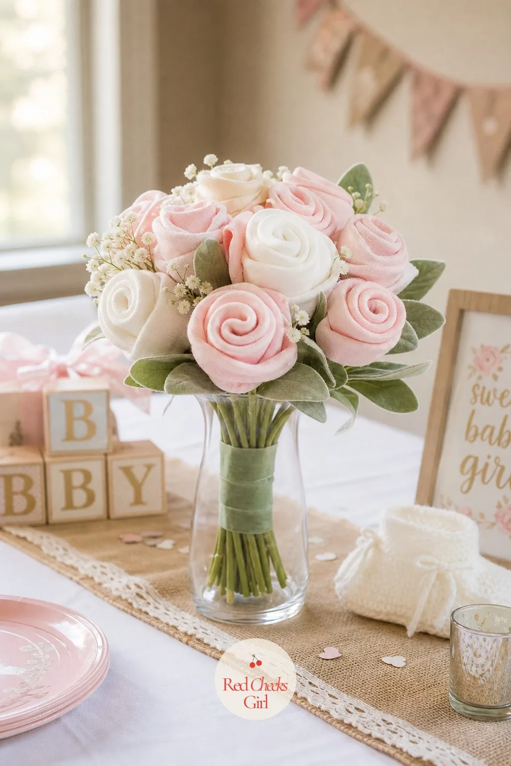 Onesie Bouquet — From three feet away it is a bouquet, blush pink and ivory petals bunched tight. Baby shower centerpieces