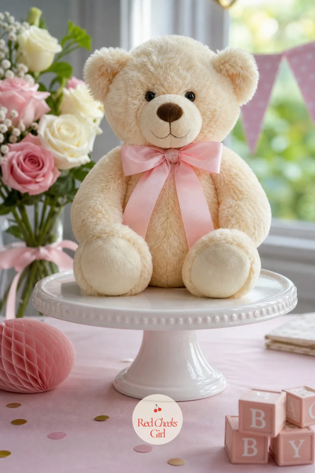 Plush Toy on a Cake Stand — A single cream plush bear, seated upright on a white ceramic cake stand with a pink ribbon tied at its neck, borrows all the