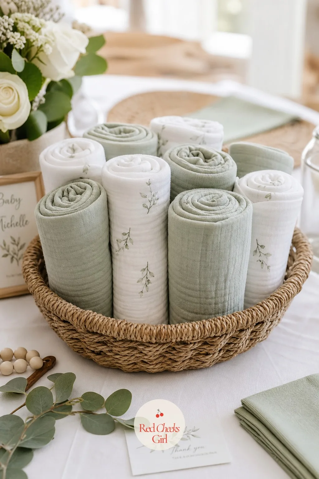 Rolled Cotton Swaddles in a Basket — Sage and white cotton swaddles roll into tight logs and stand on end inside a shallow woven basket, packed close enough