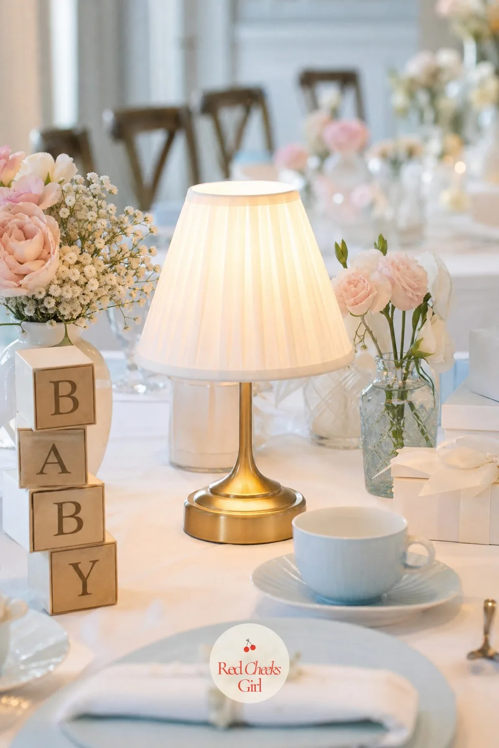 Small Nursery Lamp — A small nursery lamp, soft white fabric shade over a brass base, switched on low in the middle of the table, does more for the evening