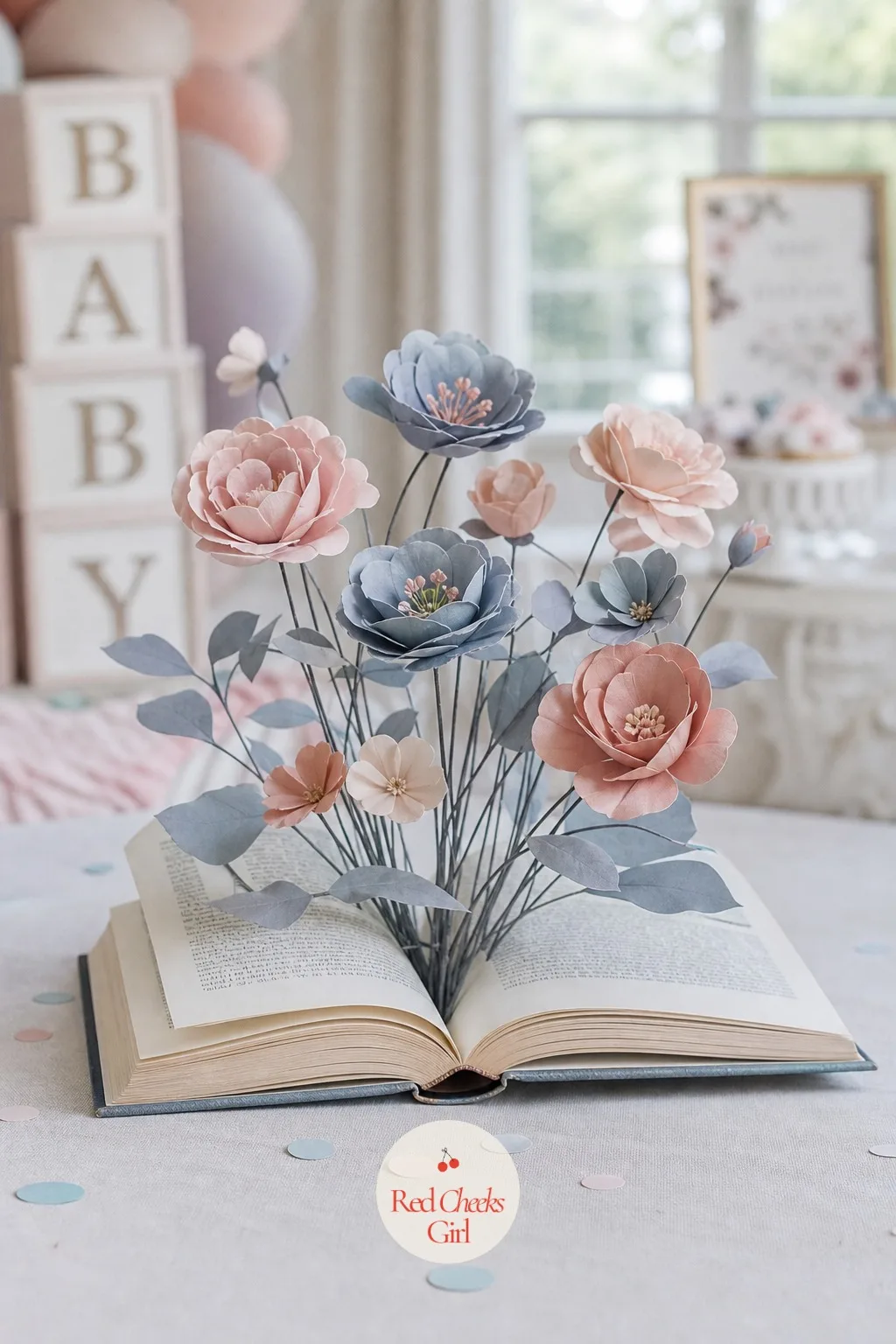 Storybook With Paper Flowers — An open book lying flat looks unfinished until something grows out of the spine. Baby shower centerpieces