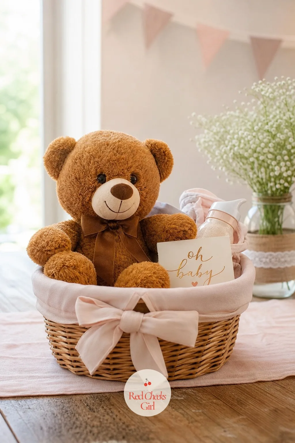 Teddy Bear in a Basket — A honey brown teddy bear sits tucked into a woven wicker basket lined with a blush fabric bow, less a toy on display than a small