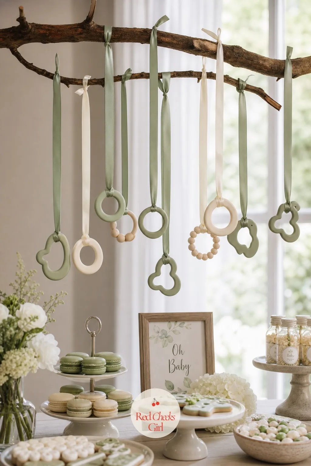 Teething Rings on Ribbon — Wood and silicone teething rings in sage and cream hang from a horizontal branch or dowel on short lengths of satin ribbon, swaying