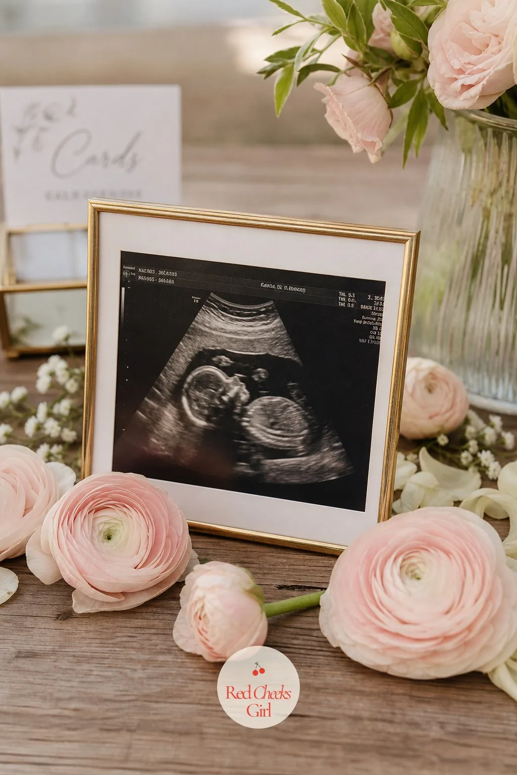 Ultrasound in a Frame With Flowers — A black and white ultrasound print, slipped into a slim gold frame and propped upright, sits at the center of a loose