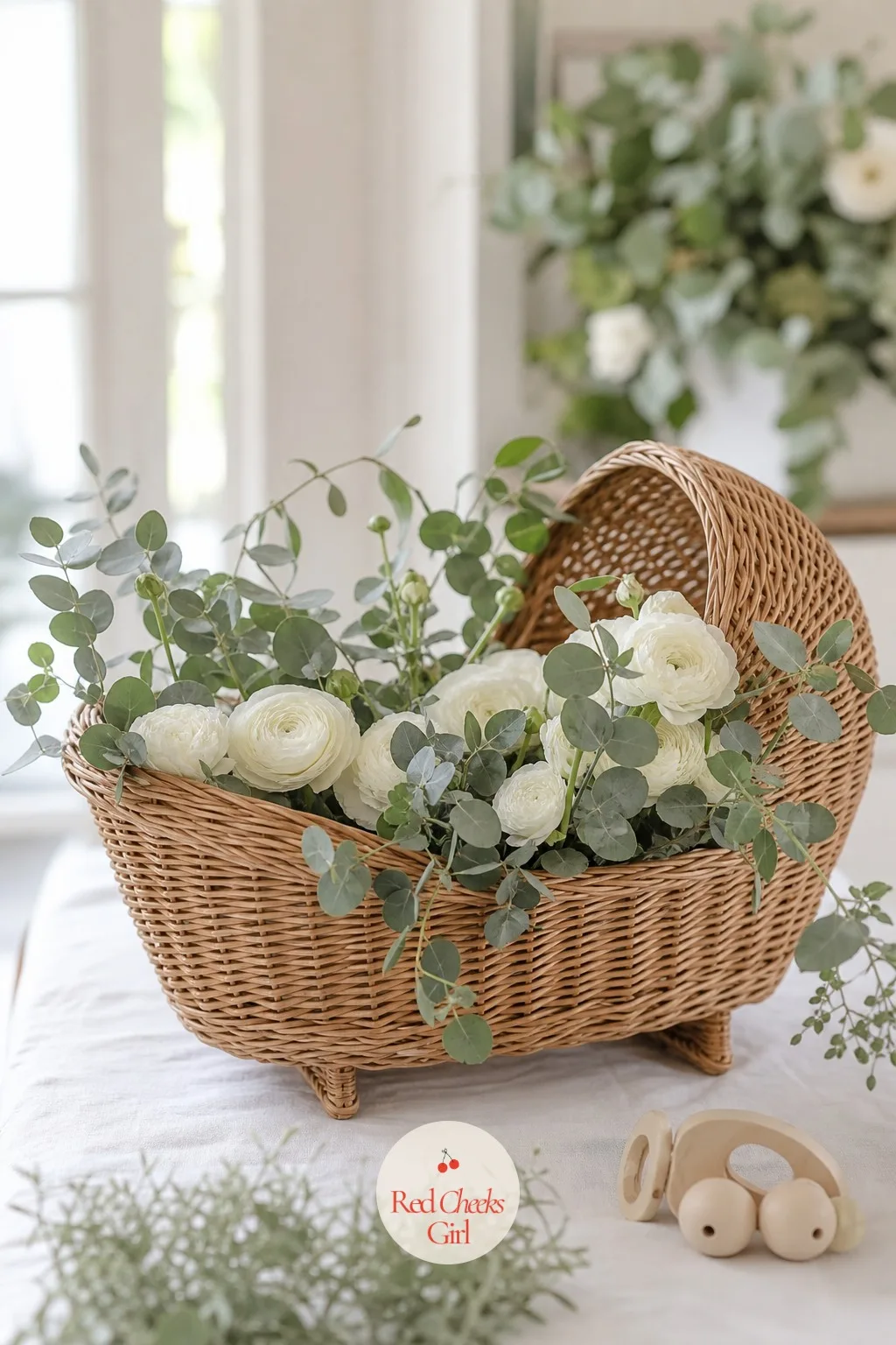 Wicker Baby Basket With Greenery — A natural wicker moses-style basket, meant for the nursery later, fills instead with loose eucalyptus and white ranunculus