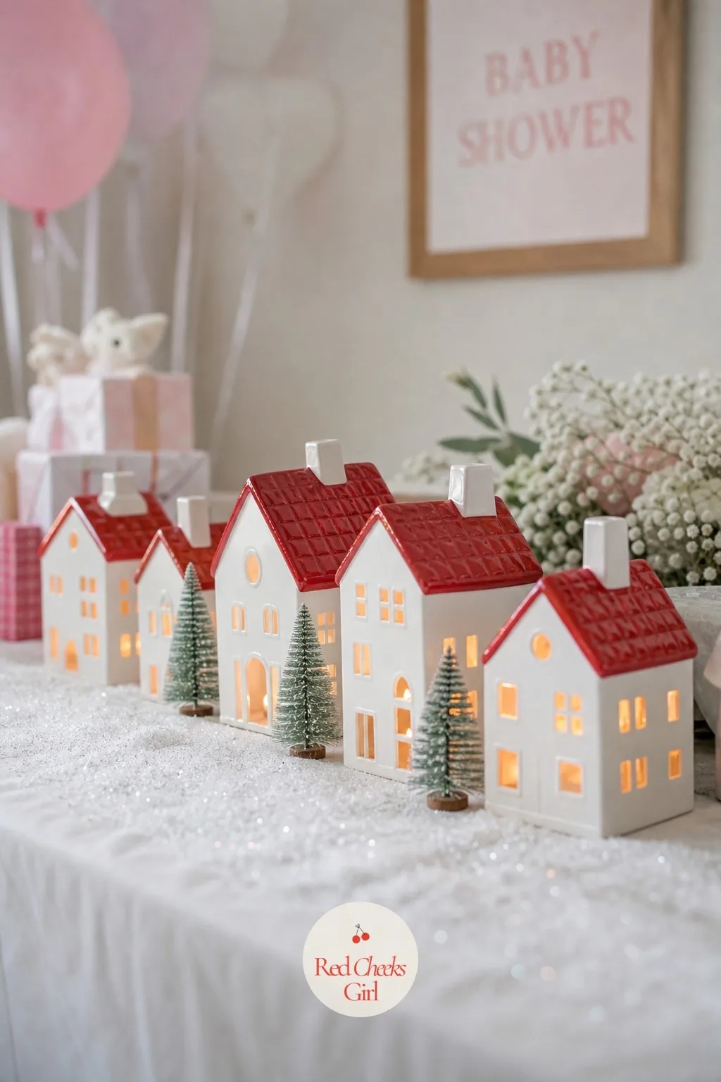 Winter Village Houses — A row of small white and red ceramic houses, each with a warm bulb glowing behind its windows, lines the center of the table under a