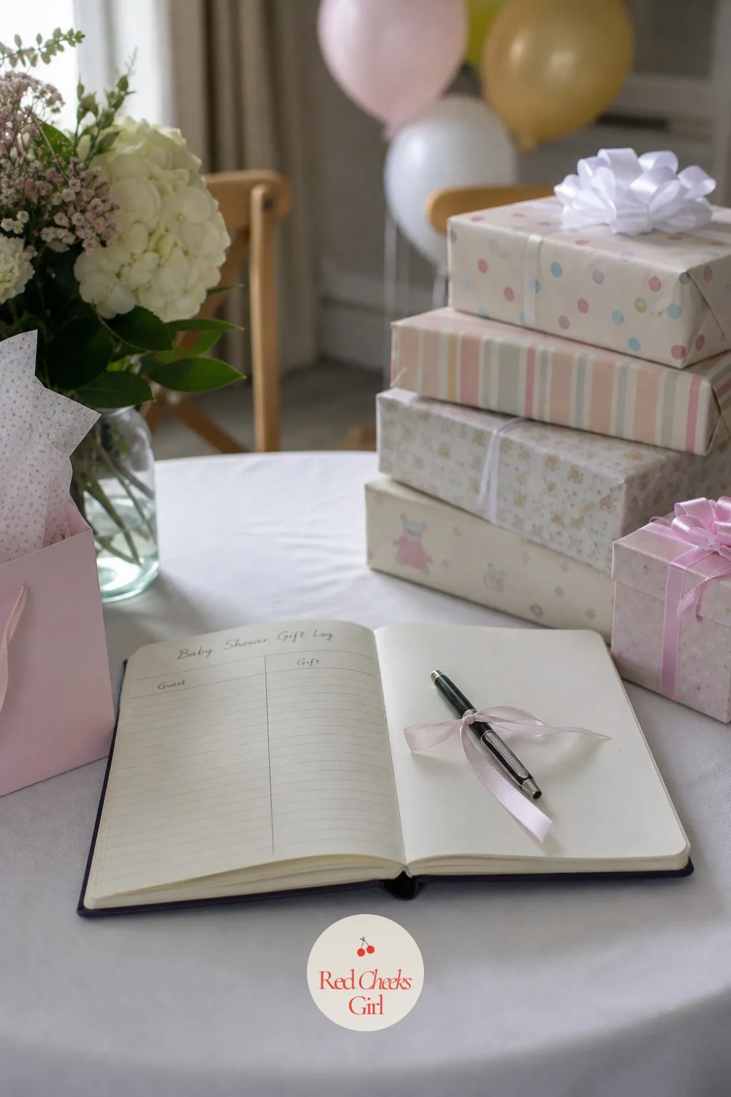 Assign the Gift Log Before the First Box Gets Opened — A small notebook sits open on a side table beside a pen on a ribbon, ready to track each gift as it