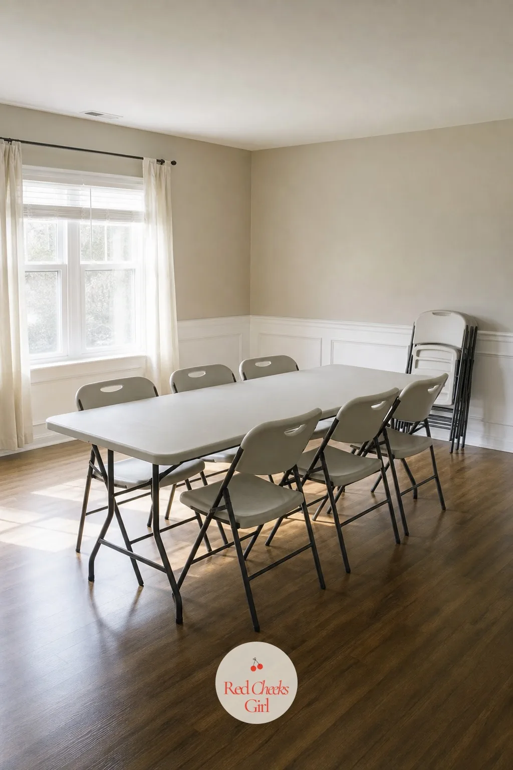 Book or Borrow the Room Before Anything Else Gets Ordered — A folding table and a stack of chairs stand in an otherwise bare living room, afternoon light
