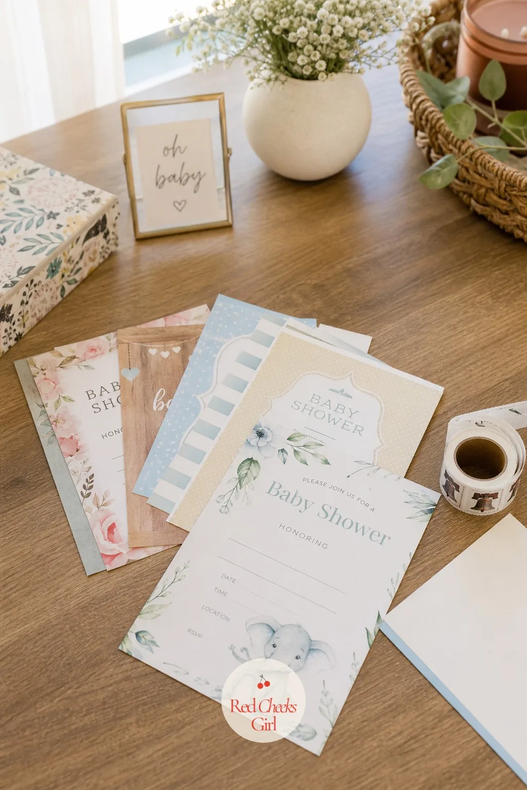 Choose the Invitation Style That Matches the Room — A stack of printed invitations fans across a desk next to a roll of stamps and a glass of water, one
