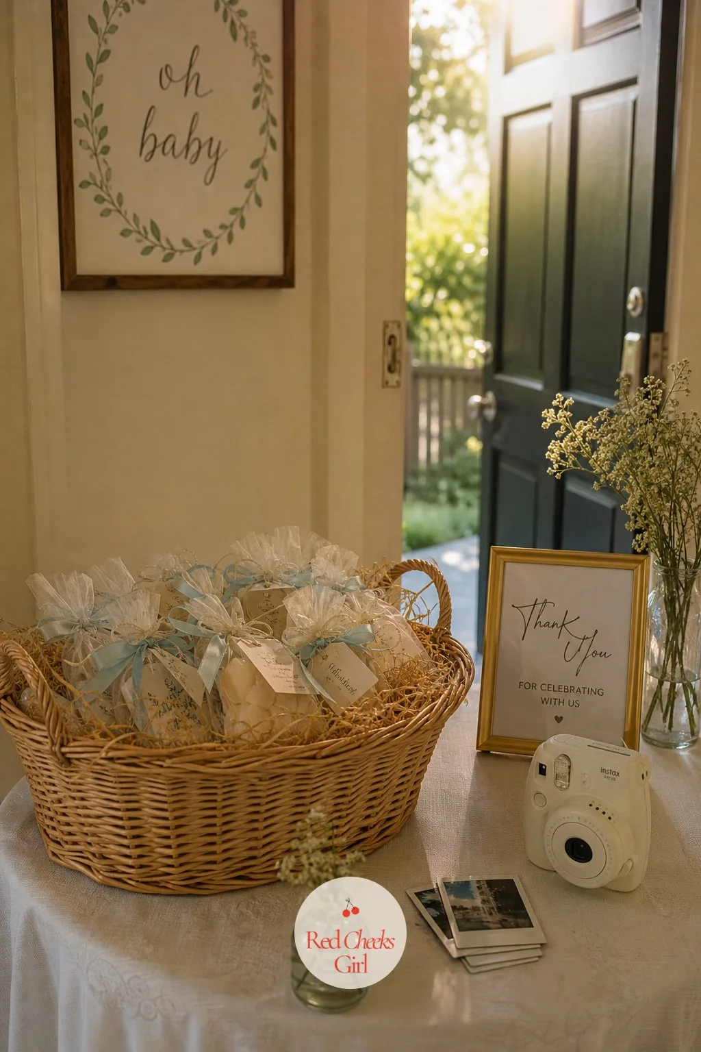 Close the Party With Favors and a Group Photo — A basket of favor bags sits by the door beside a small instant camera, the last gift already wrapped and set