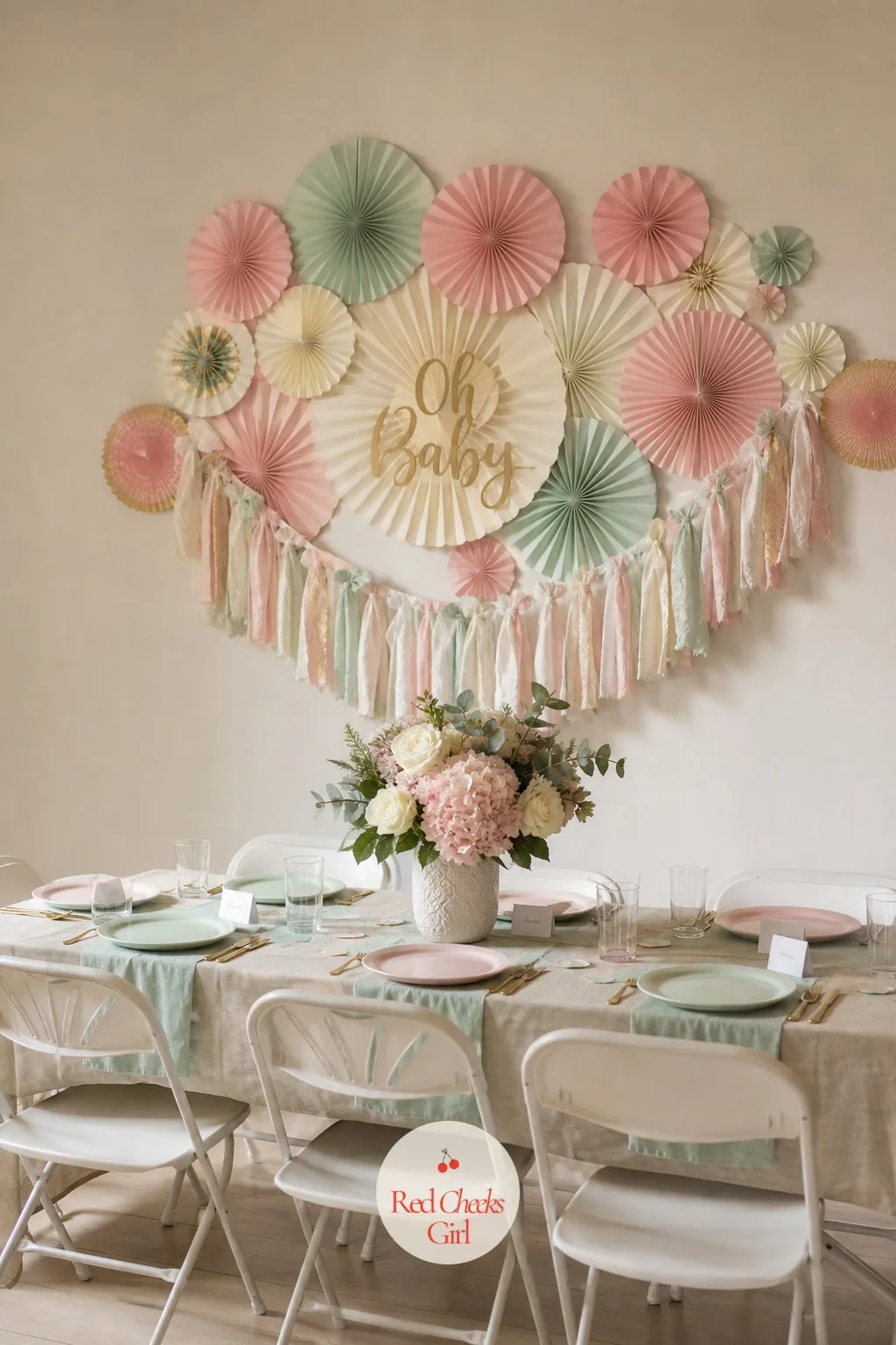 Decide the One Backdrop That Carries the Whole Room — A single wall now holds a paper fan arrangement and a soft fabric garland, everything else in the room