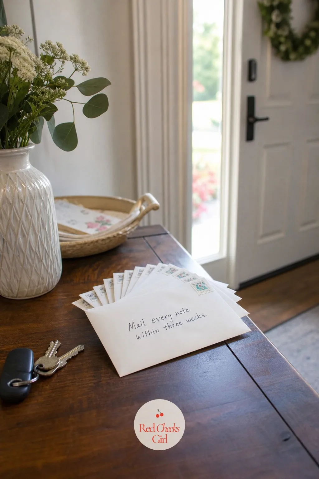 Mail Every Note Within Three Weeks — A small stack of sealed, stamped envelopes sits fanned on a hallway table, ready to drop in the mailbox on the way out.