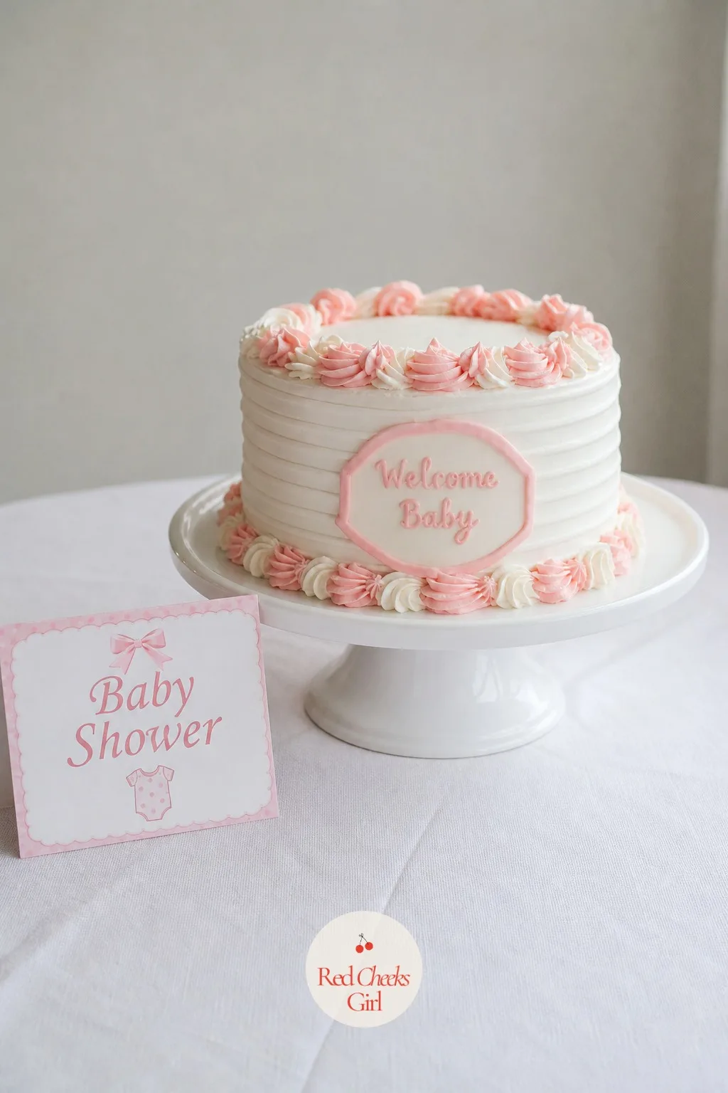 Order the Cake or Dessert With the Spelling Checked Twice — A simple cake sits on a stand on an otherwise bare food table, a small topper card propped beside